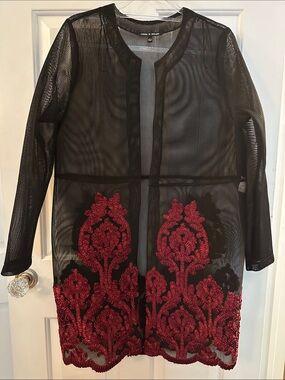 Sheer Black Mesh Duster with Red Embroidered Hem Size L